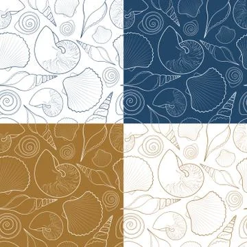 Set of vector summer seamless patterns with sea shells. Stock Illustration