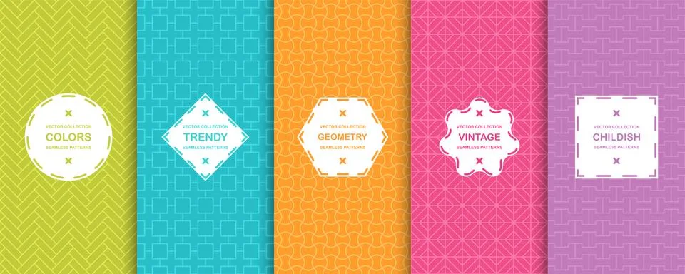 Set of vector symmetric seamless patterns - geometric design. Bright colorful 库存插图