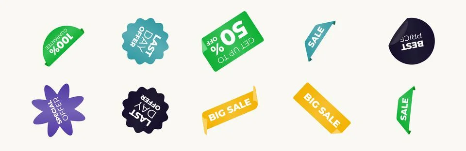 Set of vector tags or labels. Set ribbon banner. Promotional sale badge. Illustrazione stock