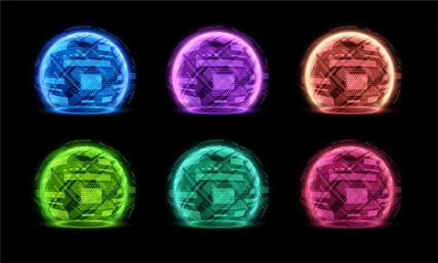 A set of vector technological shields with an energy grid design on a black イラスト素材