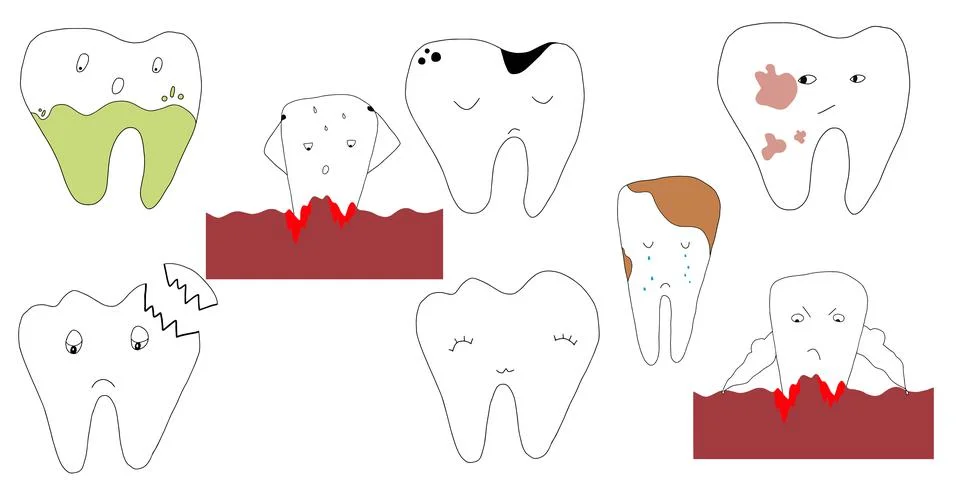 Set of vector teeth for dentists. Sick, happy, cute teeth for brochures, webs Stock Illustration