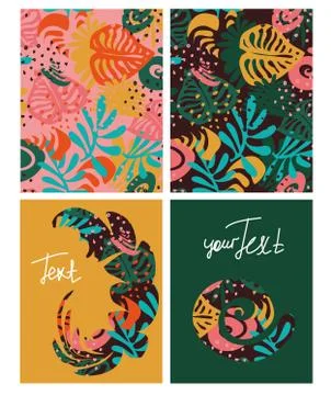 Set of vector templates with colored tropical leaves Stock Illustration