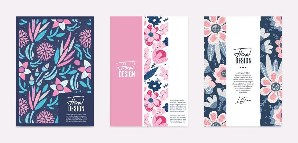 Set of vector templates. Hand drawn abstract flowers with different textures. Stock Illustration