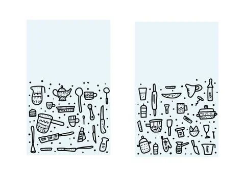 Set of vector templates with kitchen equipments in doodle style. Collection o Stock Illustration