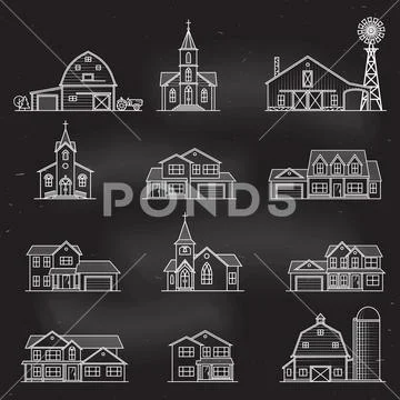 Set of vector thin line icon suburban american houses. Stock Illustration