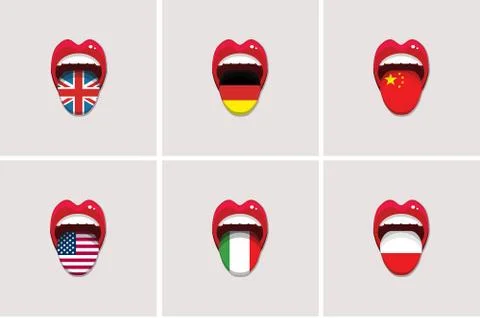 Set of vector tongues with flags of different countries. English, German Stock Illustration