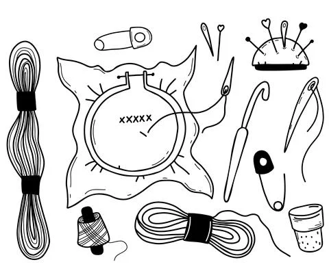 Set of vector tools for embroidery. Skein of yarn and floss, thread and spool イラスト素材