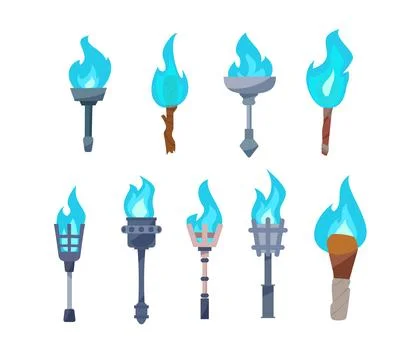 A set of vector torches with blue flames and magical sparks. Wooden and metal Stock Illustration