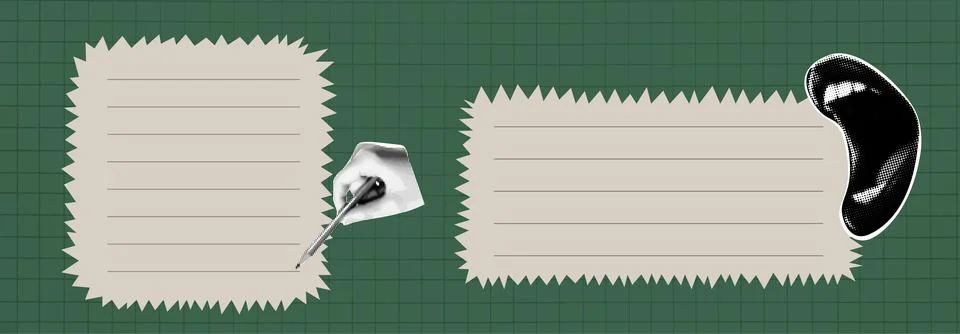 Set of vector torn papers with collage elements. Black and white and green in Stock Illustration