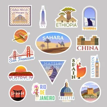 Set of vector travelling stickers colliction. Around the world Stock Illustration