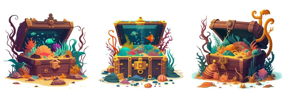 Set vector treasure chest on ocean bottom illustration of ui interface icons Stock Illustration