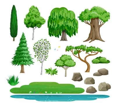 Set of vector trees bushes and stones Stock Illustration