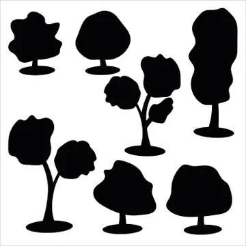 A set of vector trees. Various trees in black flat style on white background Stock Illustration