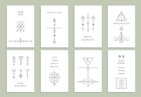 Set of vector trendy cards with geometric icons. Alchemy symbols collection.  Stock Illustration