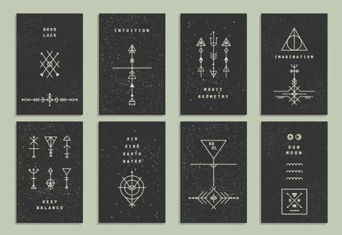 Set of vector trendy cards with geometric icons. Alchemy symbols collection.  Stock Illustration