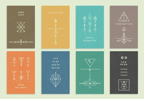Set of vector trendy cards with geometric icons. Alchemy symbols collection.  Stock Illustration