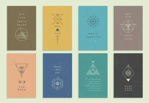 Set of vector trendy cards with geometric icons. Alchemy symbols collection.  Stock Illustration