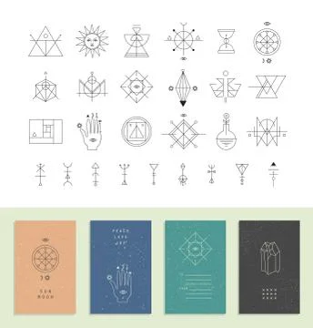 Set of vector trendy cards with geometric icons. Alchemy symbols collection.  Stock Illustration