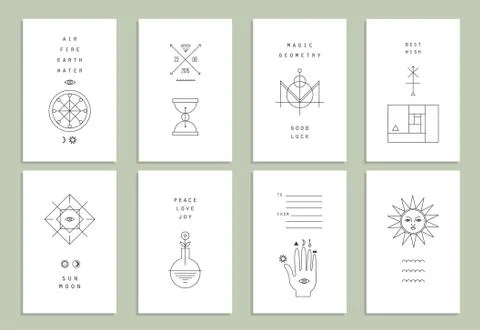 Set of vector trendy cards with geometric icons. Alchemy symbols collection.  Stock Illustration