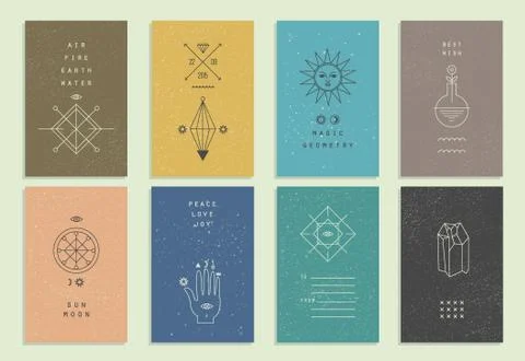Set of vector trendy cards with geometric icons. Alchemy symbols collection.  Stock Illustration