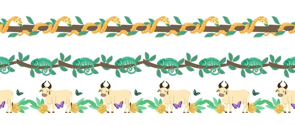 Set of vector tropical borders with indian cow and bananas, chameleon on branch, 스톡 일러스트