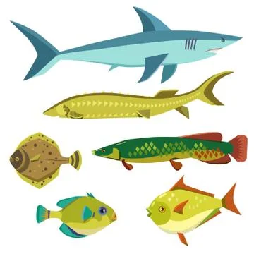 Set with vector various cute colorful stylized fishes. Stock Illustration