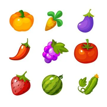 Set of vector vegetables and berries for farm games. Stock Illustration