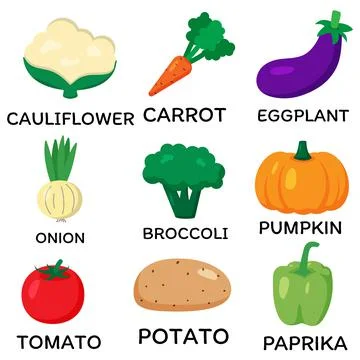 Set of vector vegetables. Cartoon flat style. Cauliflower, carrot, eggplant, oni Illustrazione stock