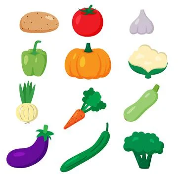 Set of vector vegetables. Cartoon flat style. Cauliflower, carrot, eggplant Stock Illustration
