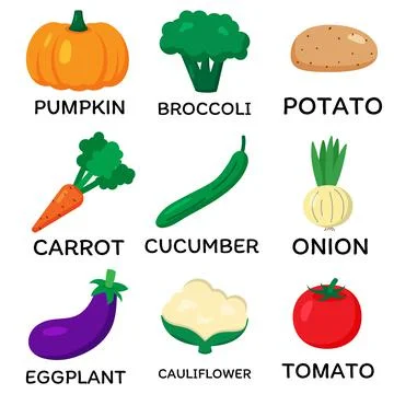Set of vector vegetables. Cartoon flat style. Cauliflower, carrot, eggplant, oni Stock-Illustration