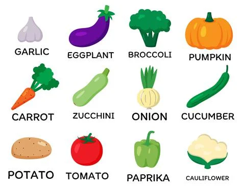 Set of vector vegetables. Cartoon flat style. Garlic, eggplant, broccoli Stock-Illustration