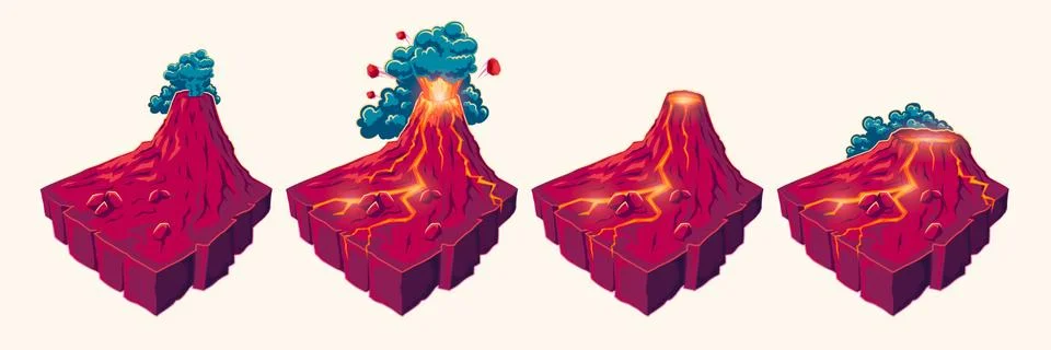 Set vector volcanic islands at various stages of a volcanic eruption, design Stockillustratie