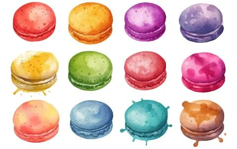 Set vector watercolor illustration of multicolors macaron cakes isolated on Stock Illustration
