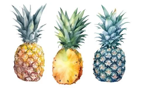 Set vector waterolor illustration of ripe pineapple isolated on white background Stock Illustration