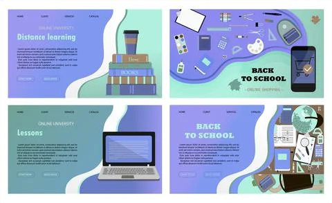 A set of vector websites for distance learning, online education and work. A Illustrazione stock
