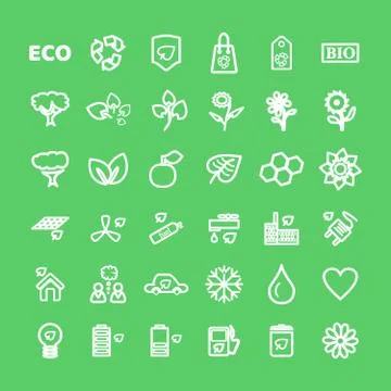 Set of vector White Eco Icons on green in flat thin line style. Ecology, Natu Stock Illustration