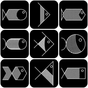 Set of vector white fish icons on black background Illustrazione stock