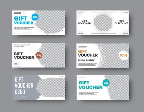 Set of vector white gift voucher templates with grunge elements and photo spa Stock Illustration