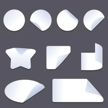 Set of vector white paper stickers of different shapes with curled corners Stock Illustration
