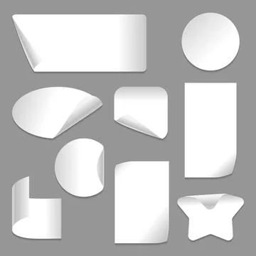 Set of vector white paper stickers of different shapes with curled corners Stock Illustration