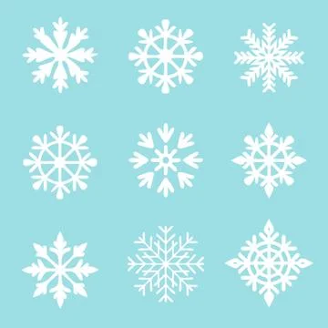 Set of vector white snowflakes on a blue background. Stock Illustration