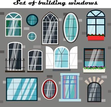 A set of vector Windows for buildings. Flat illustration of different types and Illustrazione stock