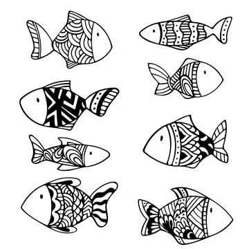 Set of vector zen doodle fish. Black and white doodle hand drawn sketch. Zen Stock Illustration