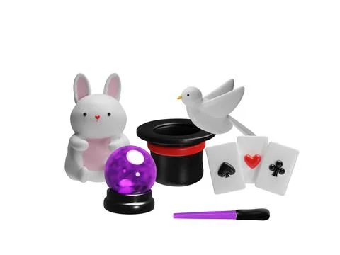 Set vectors for a magic show: 3D crystal ball, a white rabbit and much more イラスト素材