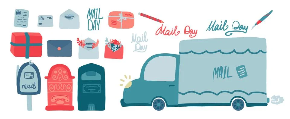 Set of vectors of mailbox, letters, envelopes, letterheads, mail delivery Illustration