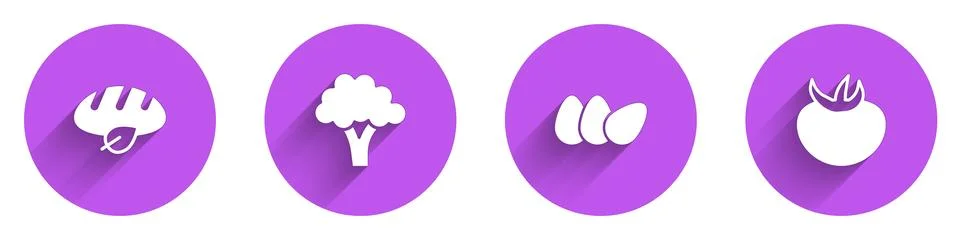 Set Vegan bread loaf, Broccoli, Chicken egg and Tomato icon with long shado.. Stock Illustration