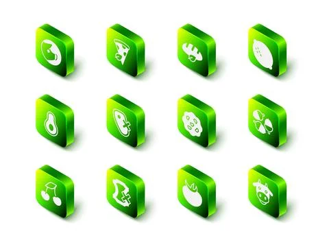 Set Vegan pizza slice, bread loaf, Lemon, Acorn, Cow head, Cookie biscuit Stock Illustration