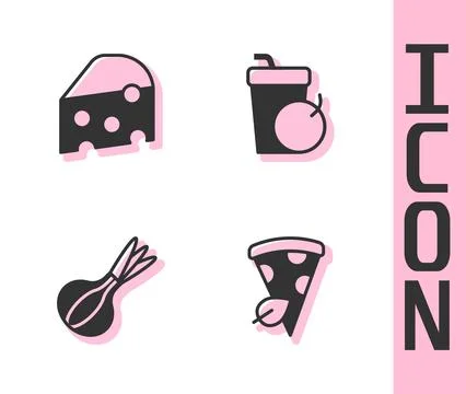 Set Vegan pizza slice, Cheese, Onion and Fresh smoothie icon. Vector Stock Illustration