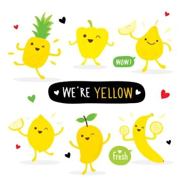 Set of Vegetable and Fruit Yellow Color Cartoon Character Vector. Stock Illustration