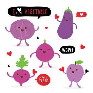 Set of Vegetable Cartoon Character Vector Stock Illustration